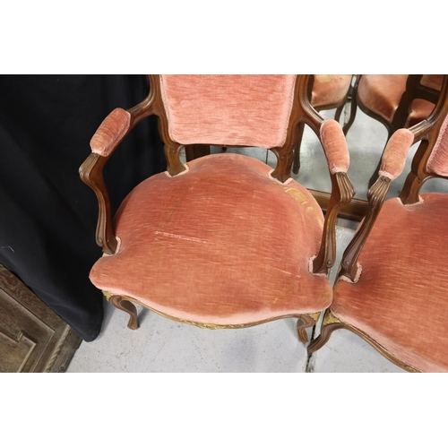 5212 - Pair of antique French walnut Louis XV style armchairs with gilt highlights, each approx 95cm H x 63... 