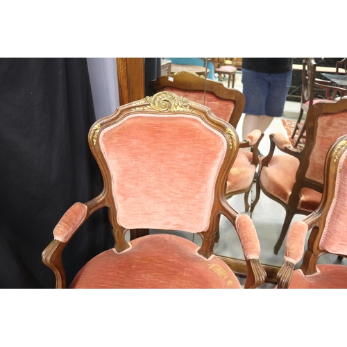 5212 - Pair of antique French walnut Louis XV style armchairs with gilt highlights, each approx 95cm H x 63... 