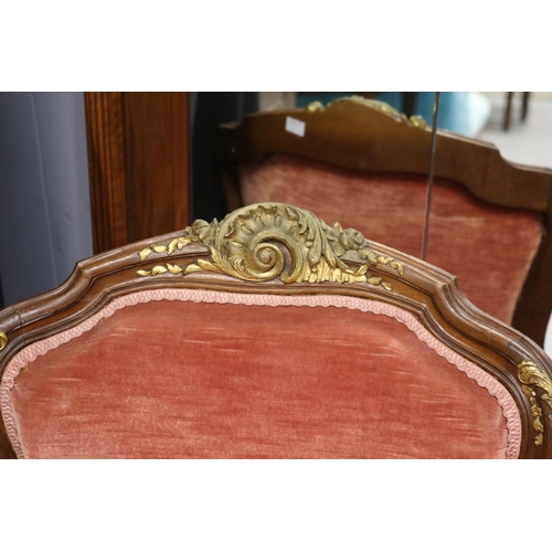 5212 - Pair of antique French walnut Louis XV style armchairs with gilt highlights, each approx 95cm H x 63... 