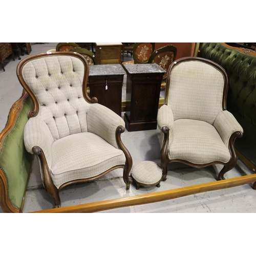 5219 - Two antique grandfather armchairs and stool, approx 104cm H x 77cm W and smaller (3)