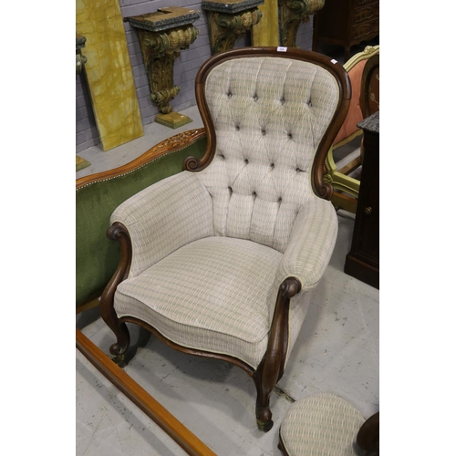 5219 - Two antique grandfather armchairs and stool, approx 104cm H x 77cm W and smaller (3)