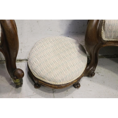 5219 - Two antique grandfather armchairs and stool, approx 104cm H x 77cm W and smaller (3)