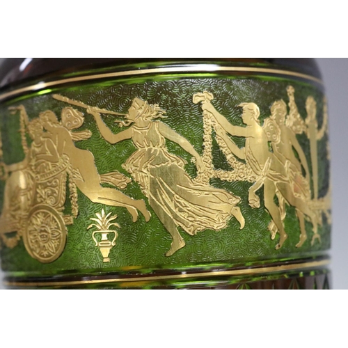 358 - Rare green and dark amber Moser double cased glass vase with a gilt band of classical figures by Lud... 