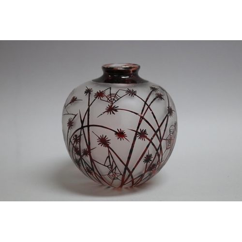 361 - Amanda Lauden red etched and overlaid glass spherical vase with cobwebs amongst grasses, approx 14cm... 
