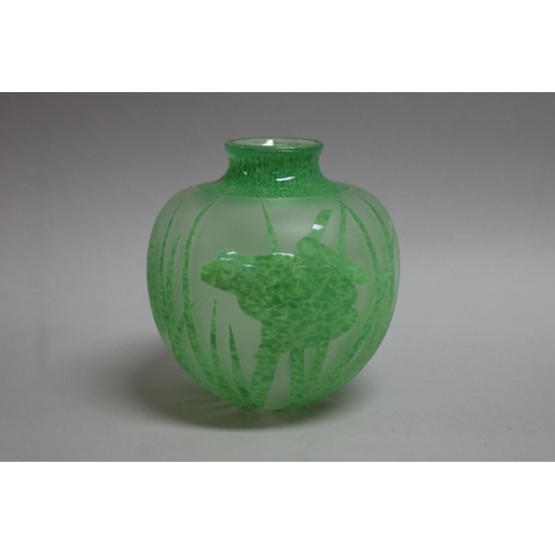 362 - Amanda Lauden green etched and overlaid glass spherical vase with frogs in reeds, 2002, approx 13.5c... 