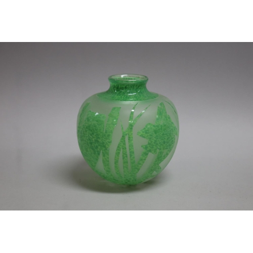 362 - Amanda Lauden green etched and overlaid glass spherical vase with frogs in reeds, 2002, approx 13.5c... 