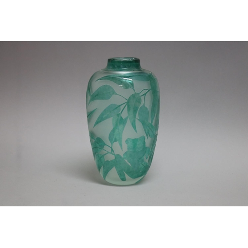 363 - Amanda Lauden green etched and overlaid glass spherical vase with gumleaves and frogs, 2003, approx ... 