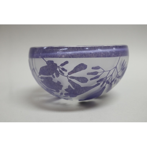 364 - Amanda Lauden amethyst etched and overlaid glass bowl, approx 8cm H x 14cm Dia