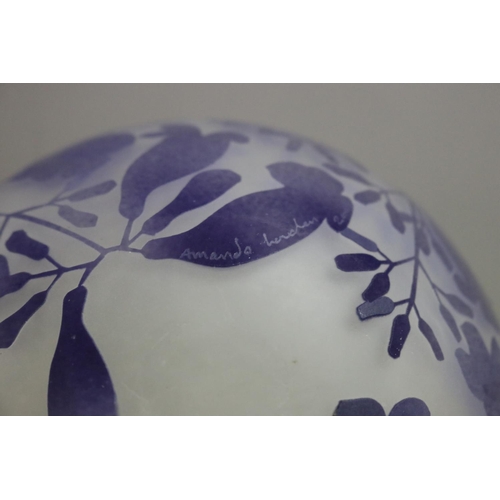 364 - Amanda Lauden amethyst etched and overlaid glass bowl, approx 8cm H x 14cm Dia