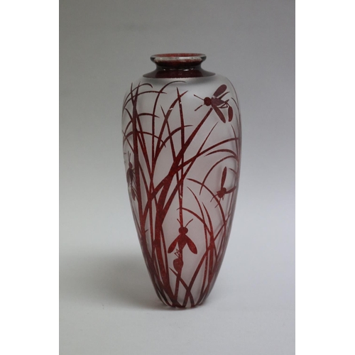 365 - Amanda Lauden red etched and overlaid glass ovoid vase with wasps/ants amongst grasses, approx 21cm ... 