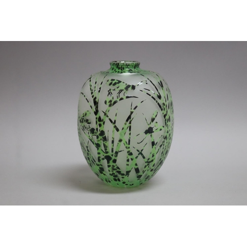 366 - Amanda Lauden green etched and overlaid glass ovoid vase with insects in grasses, 2004, approx 17cm ... 