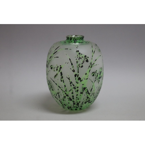 366 - Amanda Lauden green etched and overlaid glass ovoid vase with insects in grasses, 2004, approx 17cm ... 