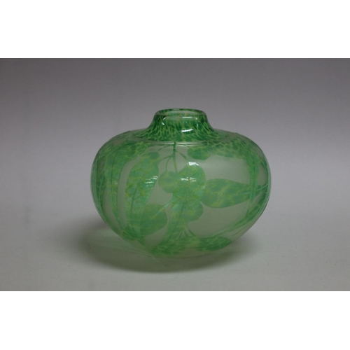 367 - Amanda Lauden green etched and overlaid glass spherical vase with gumleaves, approx 12cm H