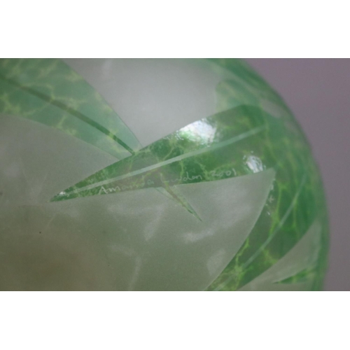 367 - Amanda Lauden green etched and overlaid glass spherical vase with gumleaves, approx 12cm H