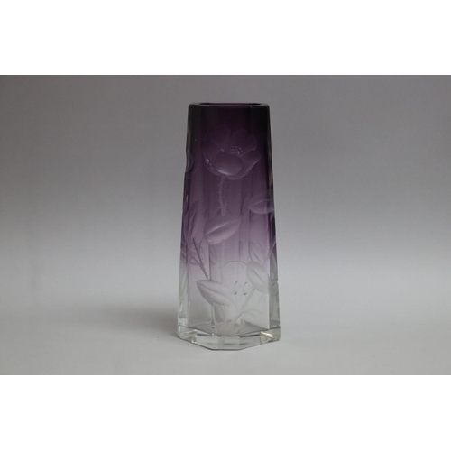 368 - Art Deco amethyst glass vase, wheel etched with roses, approx 25cm H