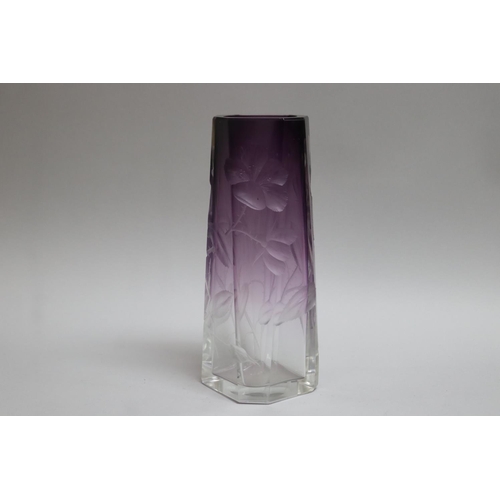 368 - Art Deco amethyst glass vase, wheel etched with roses, approx 25cm H
