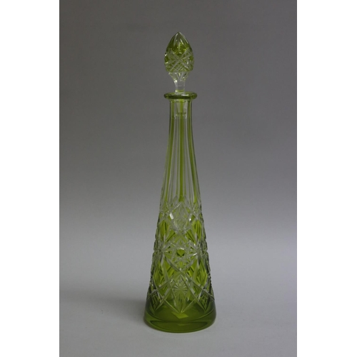 369 - Green overlay and cut glass conical decanter, approx 32.cm H