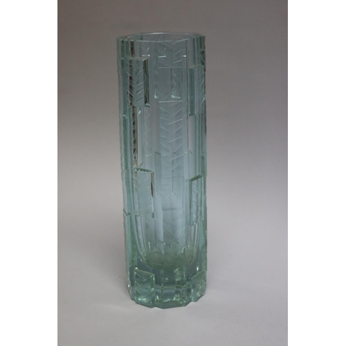371 - Heavy Art Deco glass vase of octagonal form with stylised geometric decoration, approx 28cm H