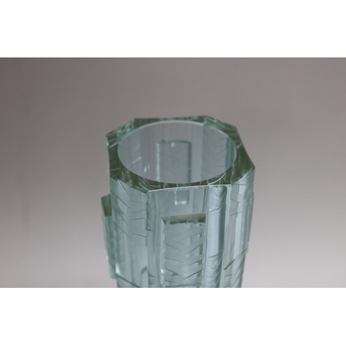 371 - Heavy Art Deco glass vase of octagonal form with stylised geometric decoration, approx 28cm H
