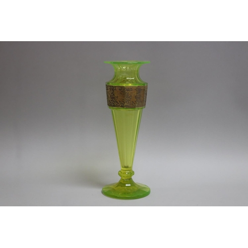 372 - Rare Moser etched uranium glass faceted vase with gilt metal frieze, approx 29.5cm H