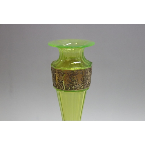 372 - Rare Moser etched uranium glass faceted vase with gilt metal frieze, approx 29.5cm H