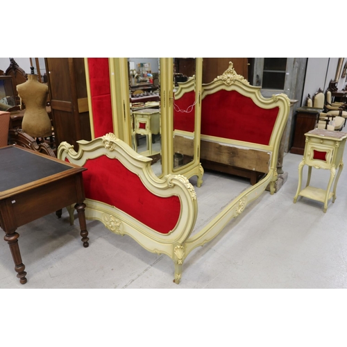 5229 - French Louis XV style painted bed with red velvet highlights, approx 160cm H x 204cm L x 155cm W