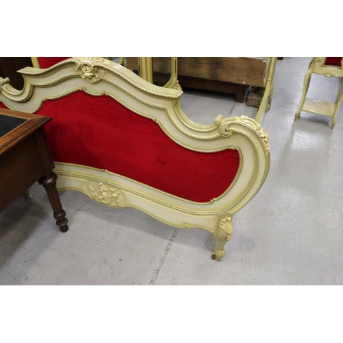 5229 - French Louis XV style painted bed with red velvet highlights, approx 160cm H x 204cm L x 155cm W