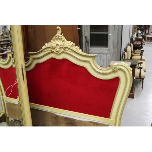 5229 - French Louis XV style painted bed with red velvet highlights, approx 160cm H x 204cm L x 155cm W