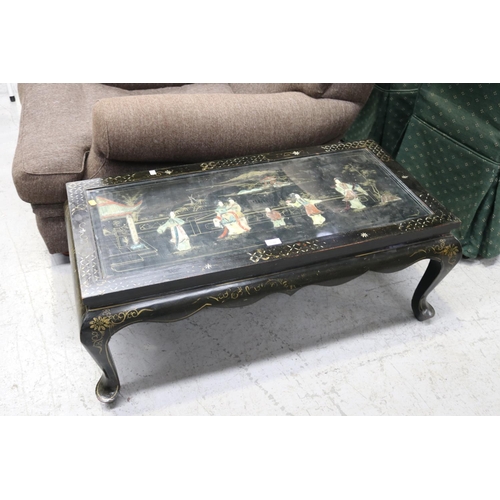 5238 - Chinese export revival coffee table, with glass inset top, figures in relief, approx 41cm H x 105cm ... 