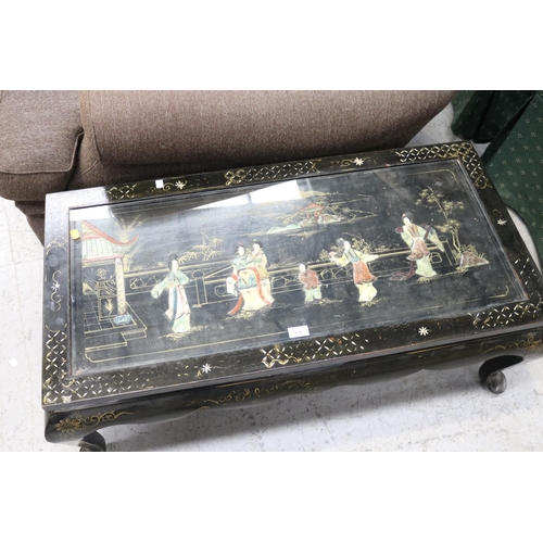 5238 - Chinese export revival coffee table, with glass inset top, figures in relief, approx 41cm H x 105cm ... 