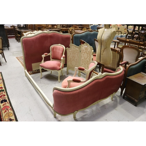 5245 - French Louis XV style cream painted bed with pink upholstery, approx 119cm H x 204cm L x 150cm W