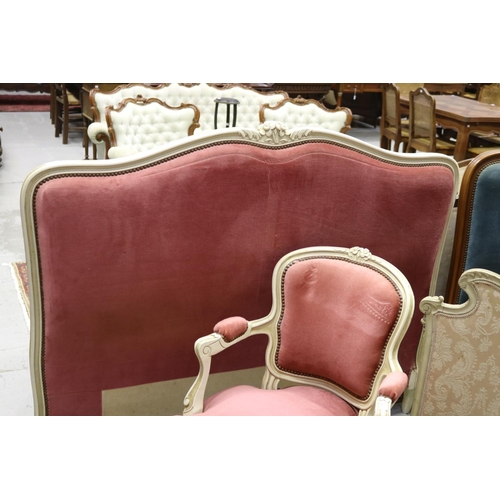 5245 - French Louis XV style cream painted bed with pink upholstery, approx 119cm H x 204cm L x 150cm W