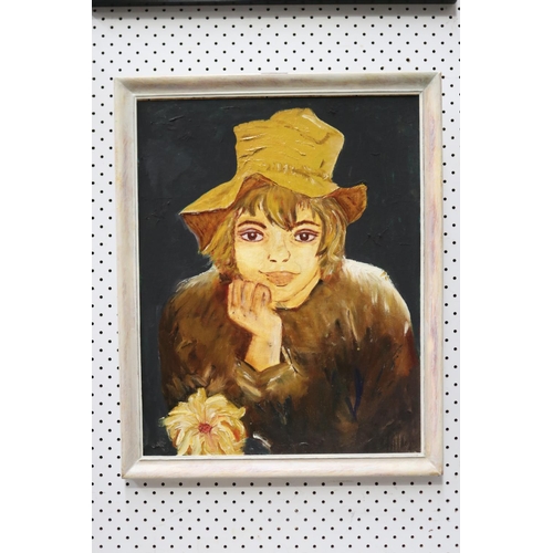 5250 - Unknown, portrait of boy in a hat, approx 50cm x 39cm