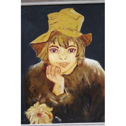 5250 - Unknown, portrait of boy in a hat, approx 50cm x 39cm