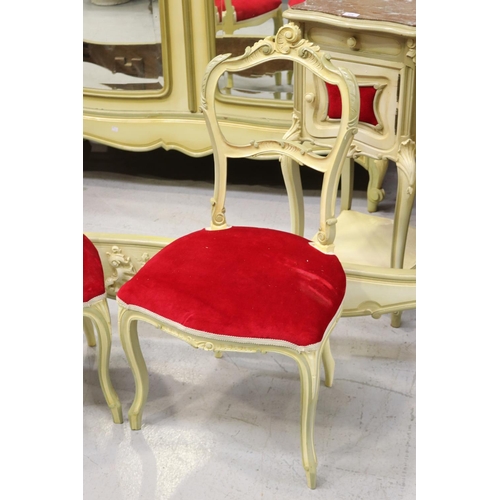 5257 - Pair of French Louis XV style painted chairs with red velvet highlights, each approx 83cm H x 41cm W... 