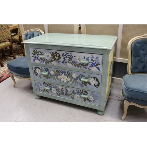 5258 - Antique French hand painted chest of three drawers, approx 82cm H x 100cm W x 53cm D