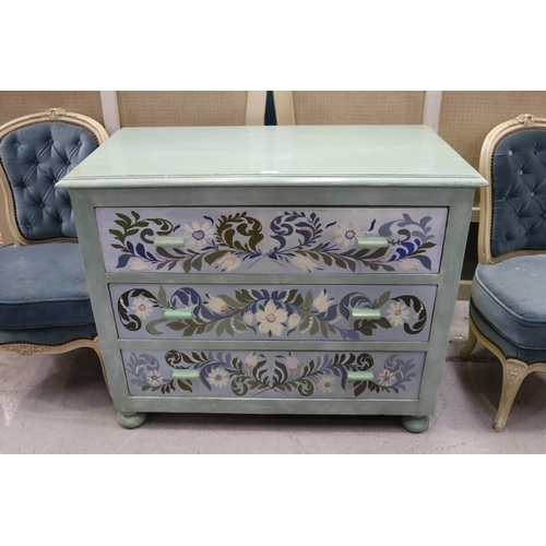 5258 - Antique French hand painted chest of three drawers, approx 82cm H x 100cm W x 53cm D