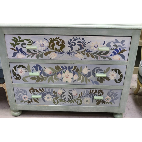 5258 - Antique French hand painted chest of three drawers, approx 82cm H x 100cm W x 53cm D