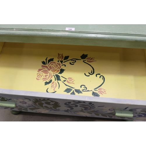 5258 - Antique French hand painted chest of three drawers, approx 82cm H x 100cm W x 53cm D