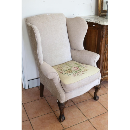 5259 - Vintage English Chippendale revival wing lounge armchair, approx 110cm H x 80cm W