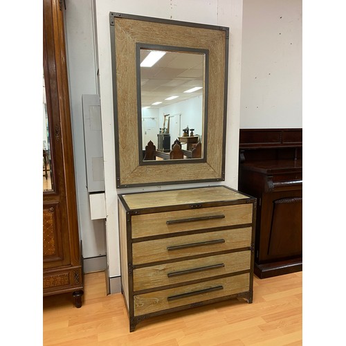 5266 - Modern four drawer metal banded chest with mirror suite, chest approx 80cm H x 90cm W x 46cm D and m... 