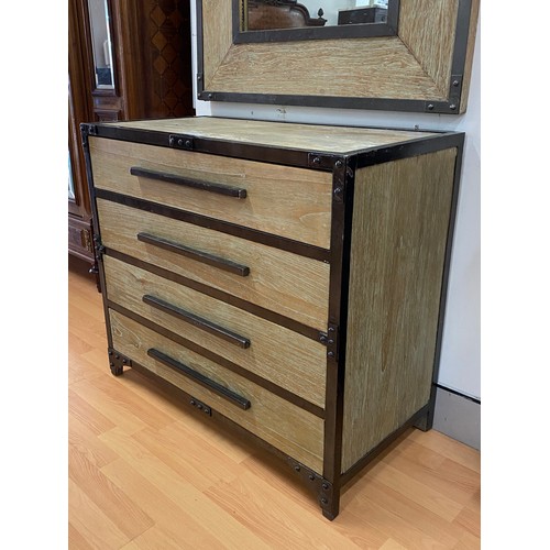 5266 - Modern four drawer metal banded chest with mirror suite, chest approx 80cm H x 90cm W x 46cm D and m... 