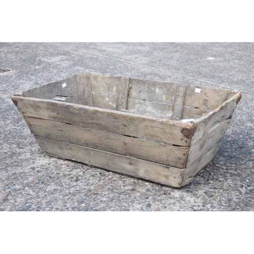 5268 - Antique French wooden crate, with cut out carry handle sides, approx 28cm H x 80cm L x 47cm W