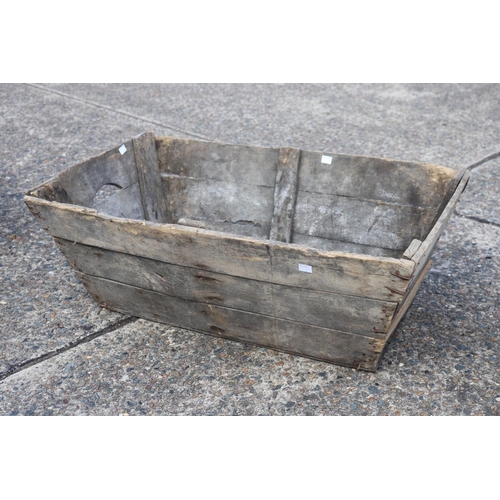 5269 - Antique French wooden crate, with cut out carry handle sides, approx 29cm H x 81cm L x 49cm W