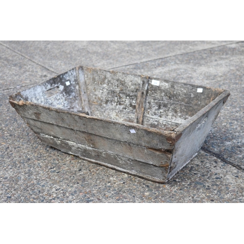 5270 - Antique French wooden crate, with cut out carry handle sides, approx 28cm H x 82cm L x 50cm W