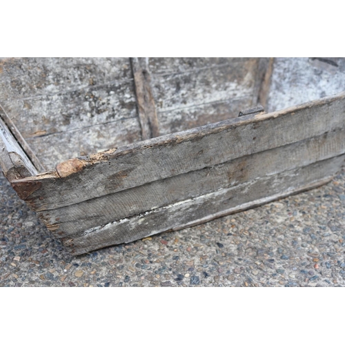 5270 - Antique French wooden crate, with cut out carry handle sides, approx 28cm H x 82cm L x 50cm W