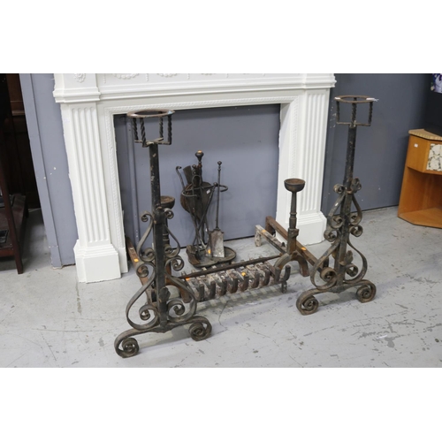 5276 - Antique French fire set to include two pairs of andirons & fire mantle set, etc, approx 93cm H x 86c... 