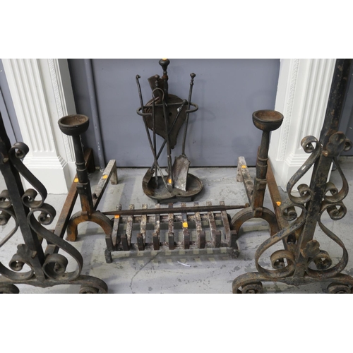 5276 - Antique French fire set to include two pairs of andirons & fire mantle set, etc, approx 93cm H x 86c... 