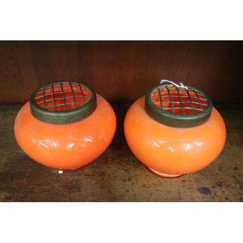 5074 - Pair of orange coloured glass posy vases, approx 9cm H x 11cm Dia (2)