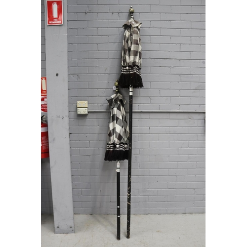 5213 - Two umbrellas, approx 250cm H and shorter (2)